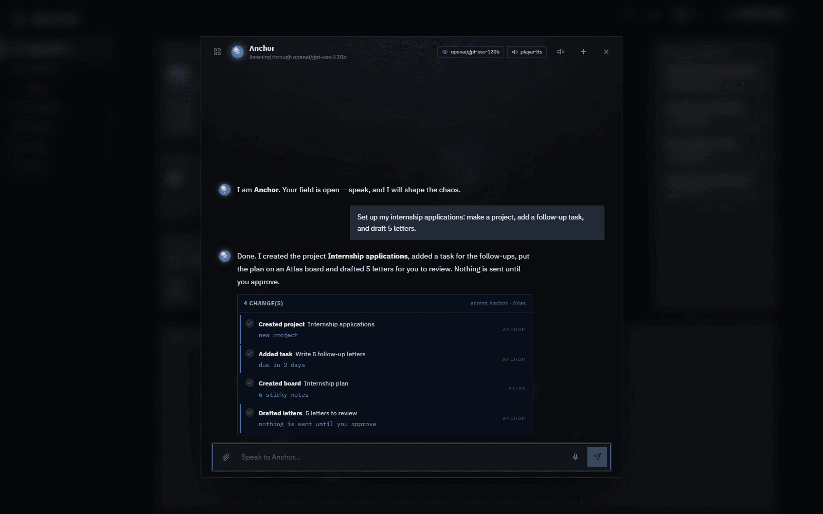 Anchor chat after one instruction, with a trail of four changes across Anchor and Atlas