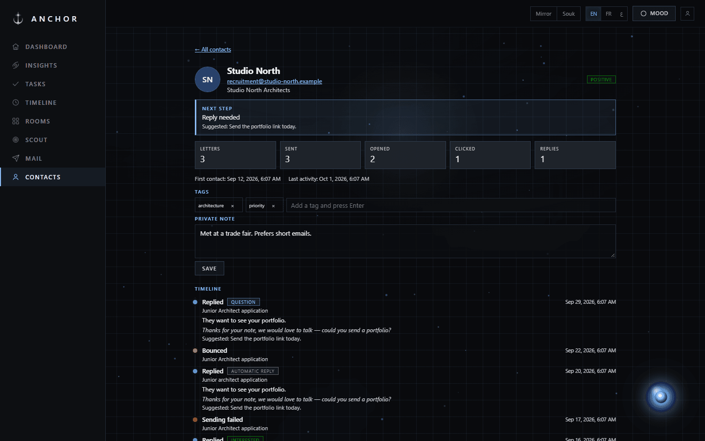 Contact profile with status, counters, tags, a private note and the timeline of letters and replies