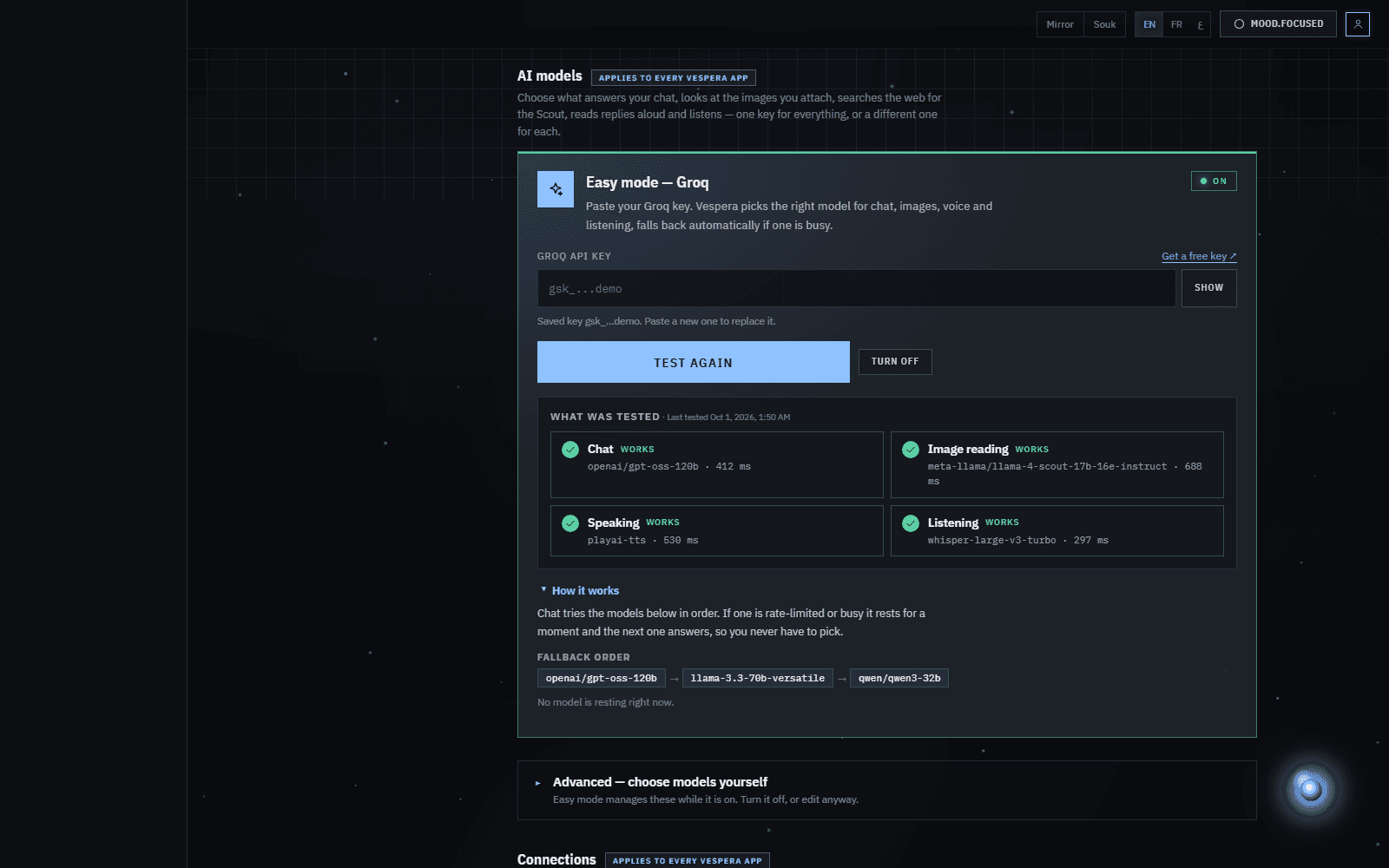 Anchor settings: Groq Easy mode card with the model chain and passing tests