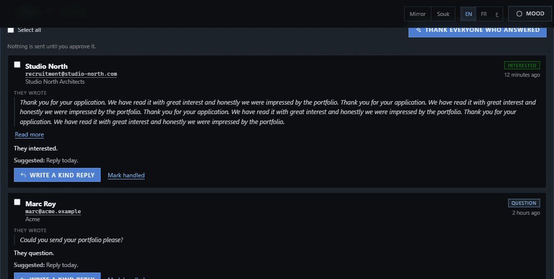 Replies section: each answer with its kind, a one-line reading and a button to write a kind reply