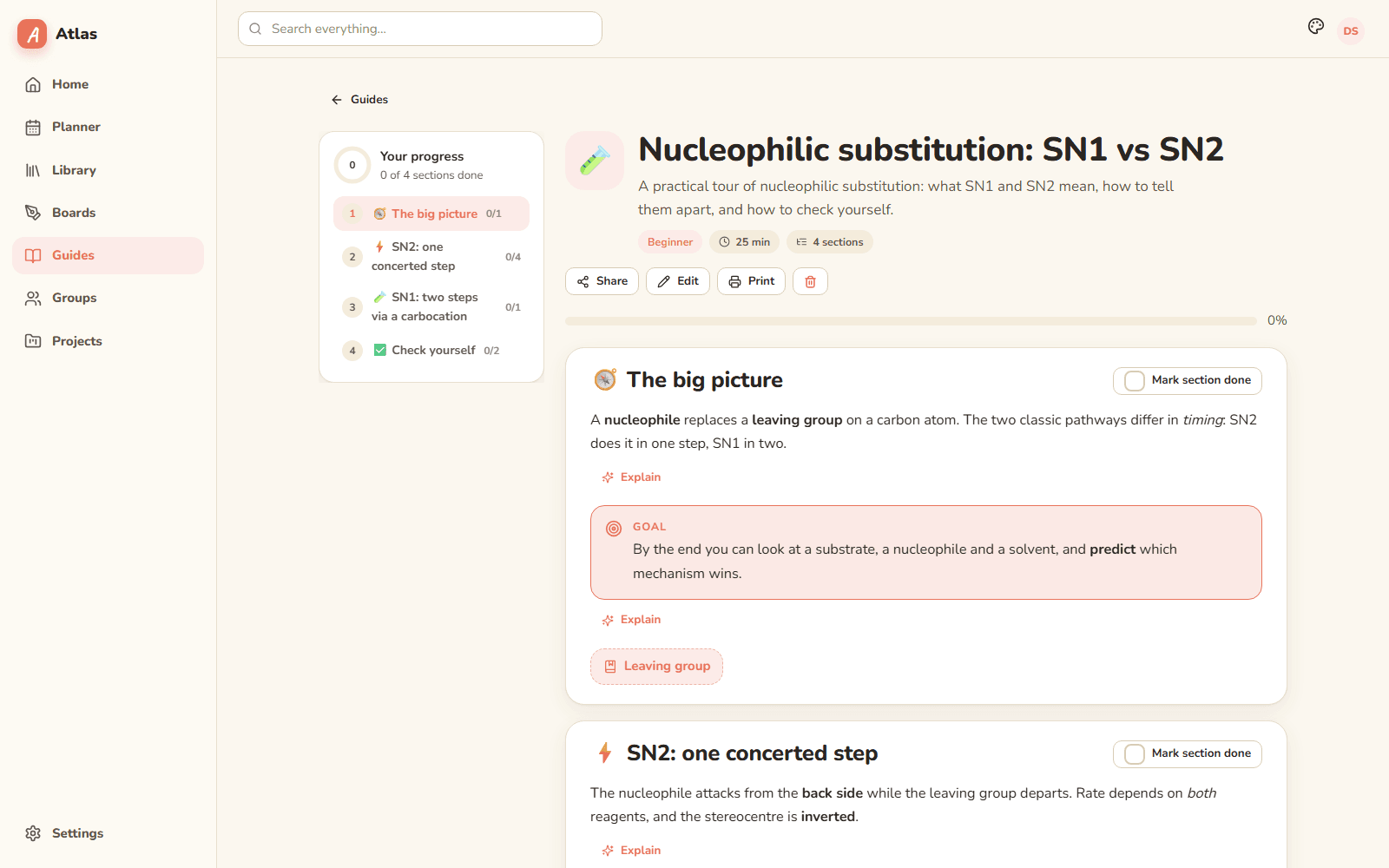 Atlas guide reader on nucleophilic substitution with sections, progress and callouts
