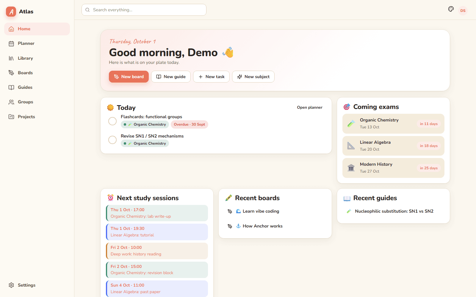 Atlas home: today’s tasks, upcoming exams, next study sessions, recent boards and guides