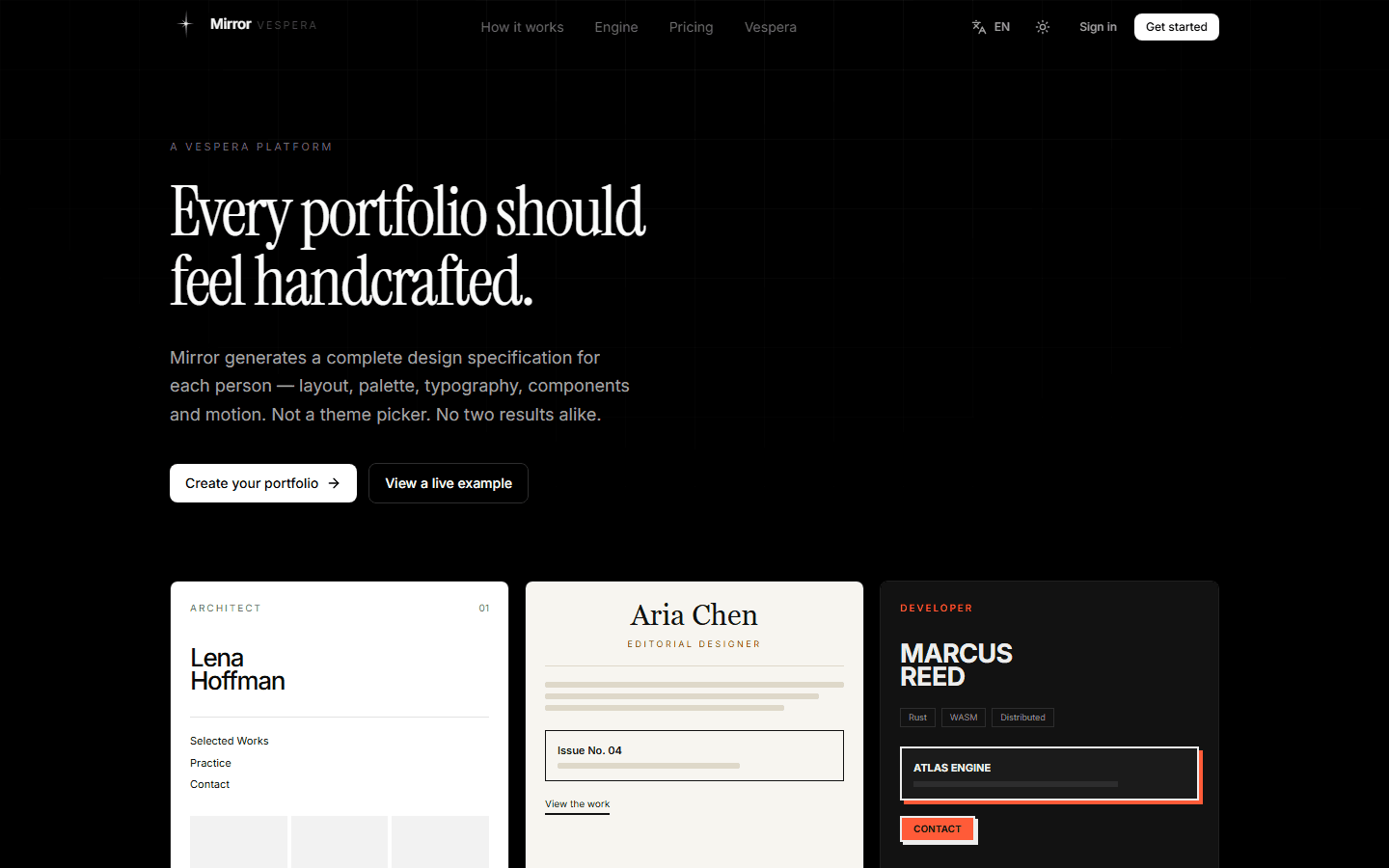 Mirror landing page with three generated portfolio cards in different styles