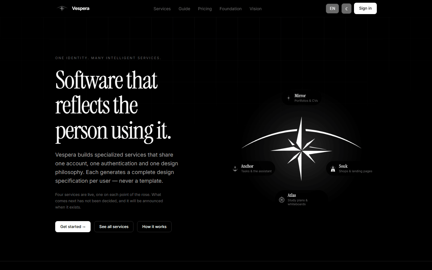 The vspera.me home page: a serif headline beside the compass-star mark with the services on its points