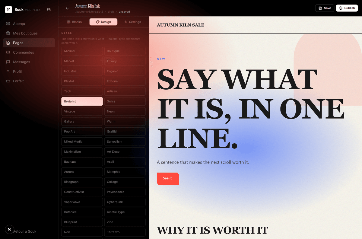 Souk page builder with the style list open and a landing page preview
