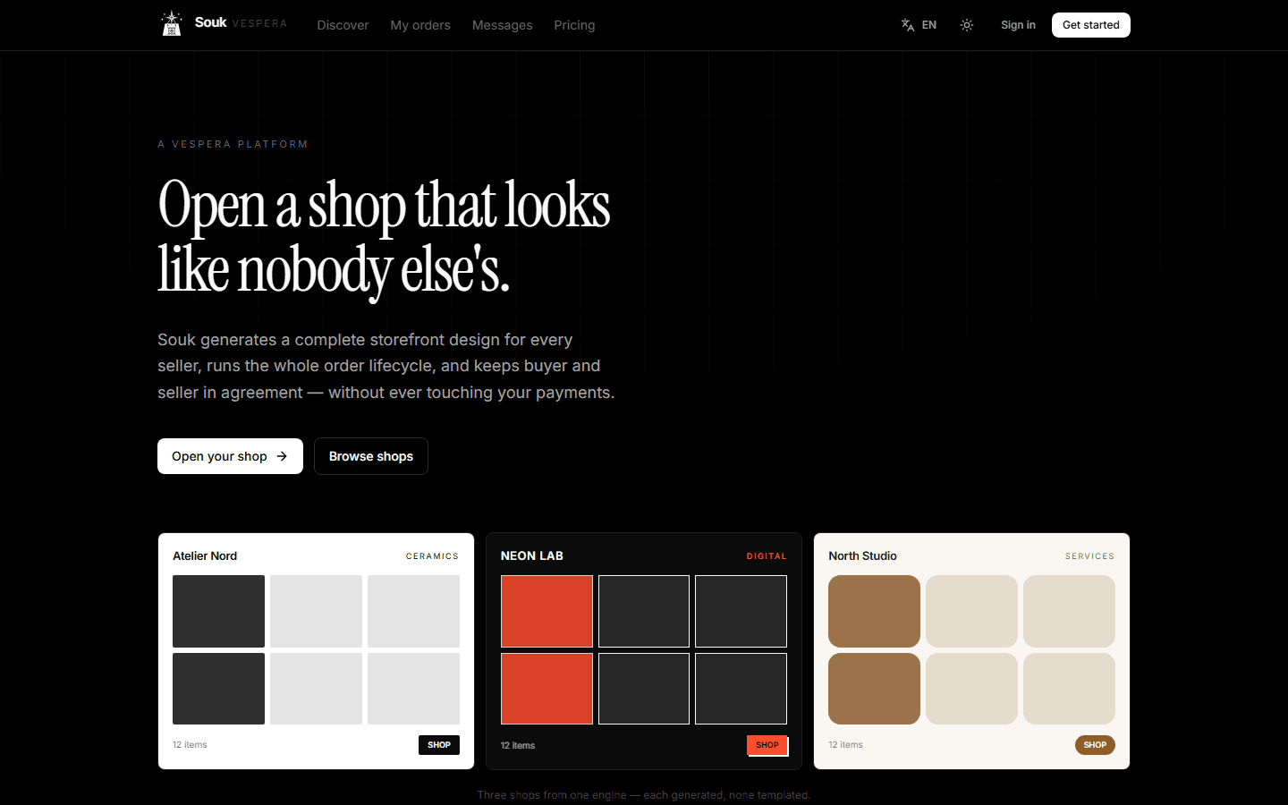 Souk landing page with three generated storefront previews